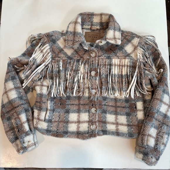 BLANK NYC Jacket Women XS  Beige Wool Blend Plaid Take Note Fringe Cropped - Picture 3 of 10